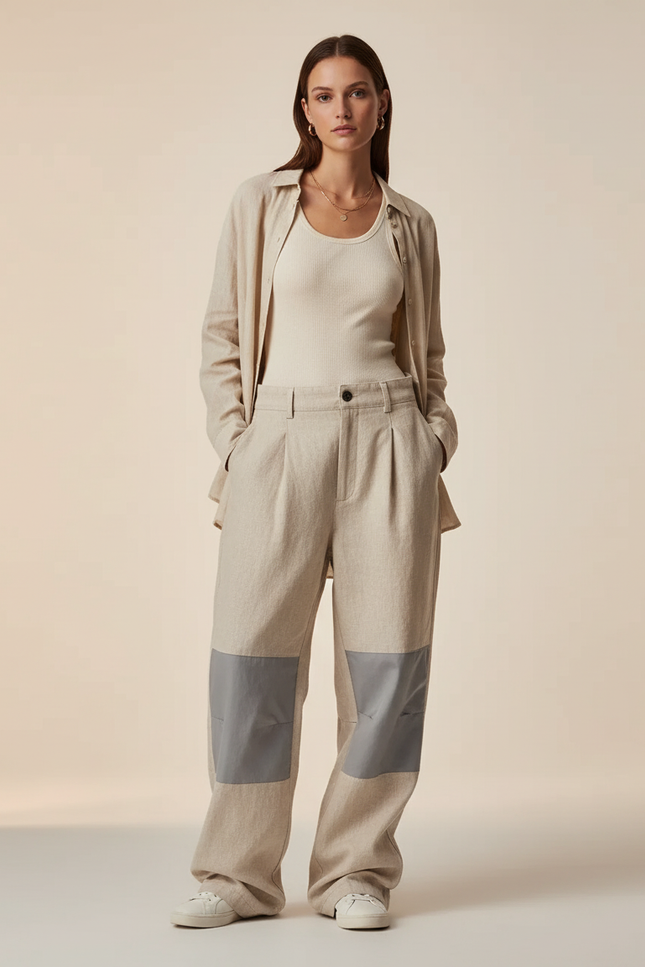 Pantalon Baggy Beige Plissé Bicolore Décontracté Femme - Laine