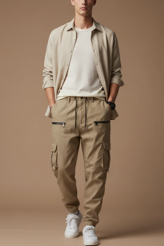 Pantalon Baggy Kaki Cargo Zippé Cordon Homme - Toile