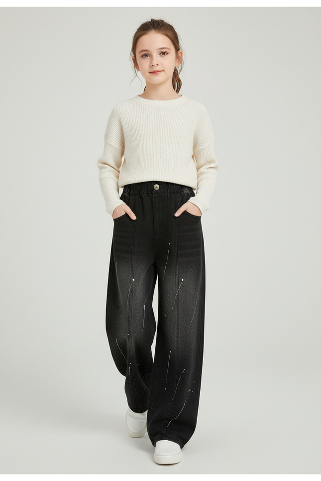 Pantalon Baggy Noir Ample Délavé Éclaboussures Hiver Fille - Jean