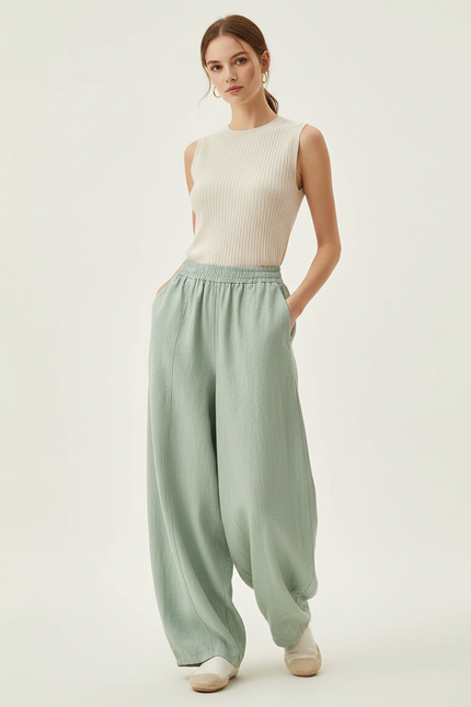 Pantalon Baggy Vert Menthe Lin Ample Taille Élastique