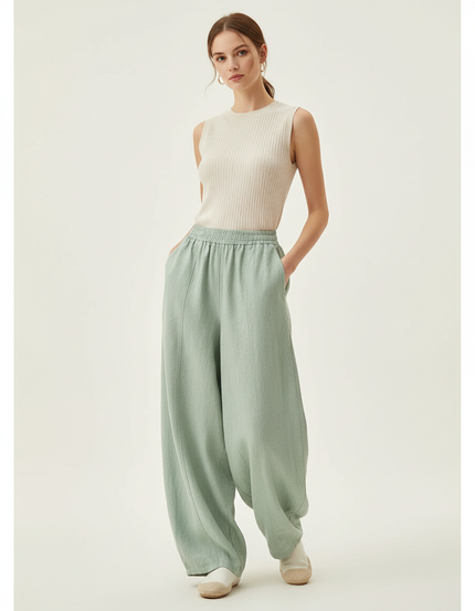 Pantalon Baggy Vert Menthe Lin Ample Taille Élastique
