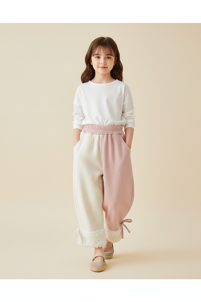 Pantalon Baggy Bicolore Rose Blanc Chaud Hiver Fille - Multicolore Molleton