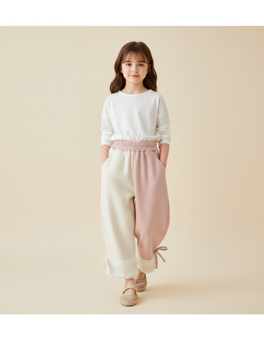 Pantalon Baggy Bicolore Rose Blanc Chaud Hiver Fille - Multicolore Molleton