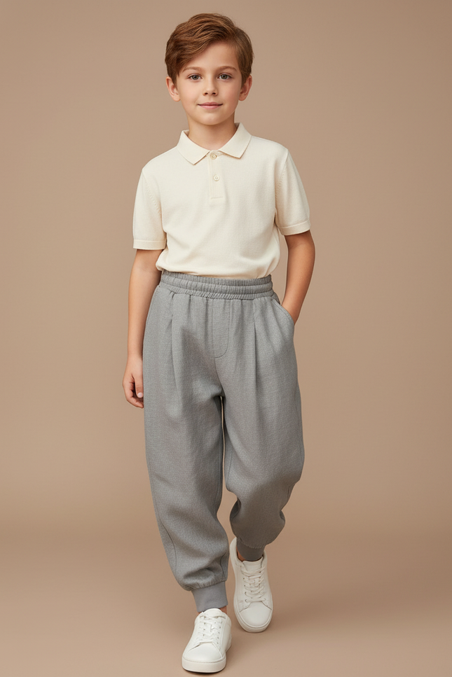 Pantalon Baggy Gris Chiné Décontracté Plissé Garçon - Molleton