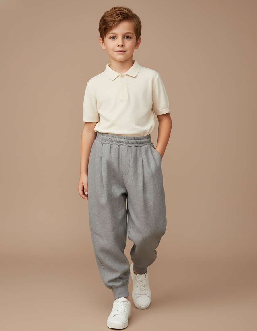 Pantalon Baggy Gris Chiné Décontracté Plissé Garçon - Molleton