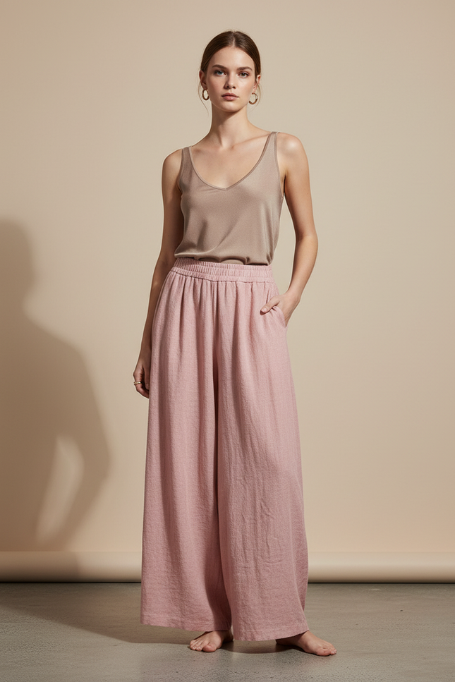 Pantalon Baggy Rose Poudre Ample Fluide Coton Lin