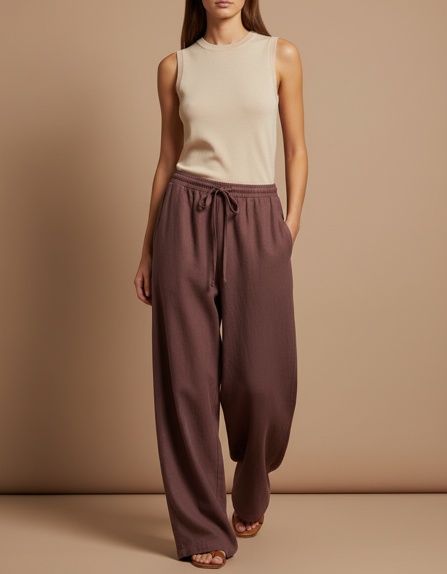 Pantalon Baggy Marron Ample Fluide Décontracté Femme - Molleton