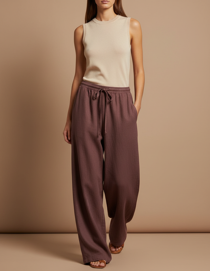 Pantalon Baggy Marron Ample Fluide Décontracté Femme - Molleton