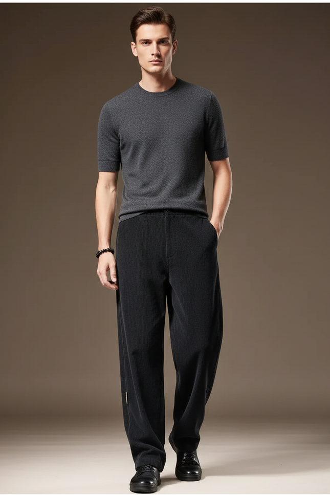 Pantalon Baggy Noir Ample Velours Côtelé Décontracté Homme - Cordé