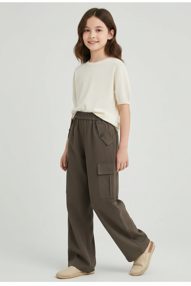 Pantalon Baggy Cargo Ample Vert Foncé Enfant - Kaki Gabardine