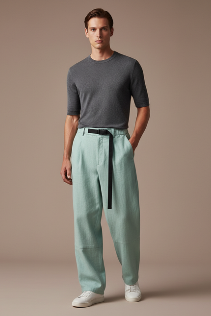 Pantalon Baggy Vert Menthe Ample Plissé Homme - Lin