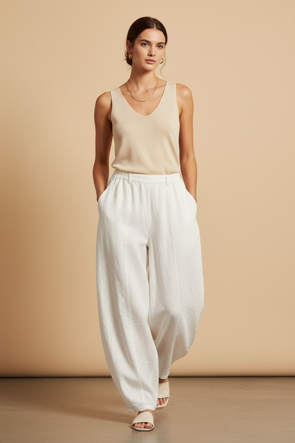 Pantalon Baggy Blanc Lin Fluide Ample Élégant