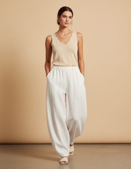 Pantalon Baggy Blanc Lin Fluide Ample Élégant