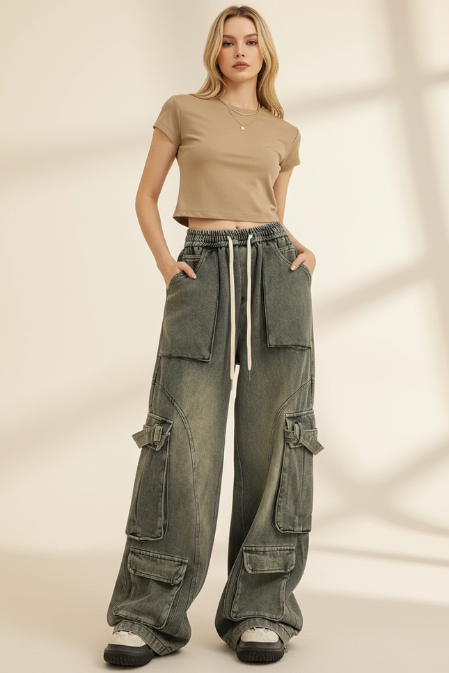 Pantalon Baggy Cargo Délavé Ample Cordon Femme - Kaki Jean