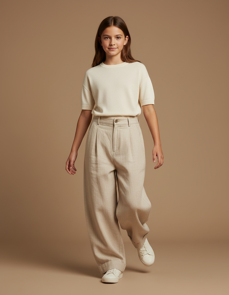Pantalon Baggy Lin Beige Large Décontracté Enfant