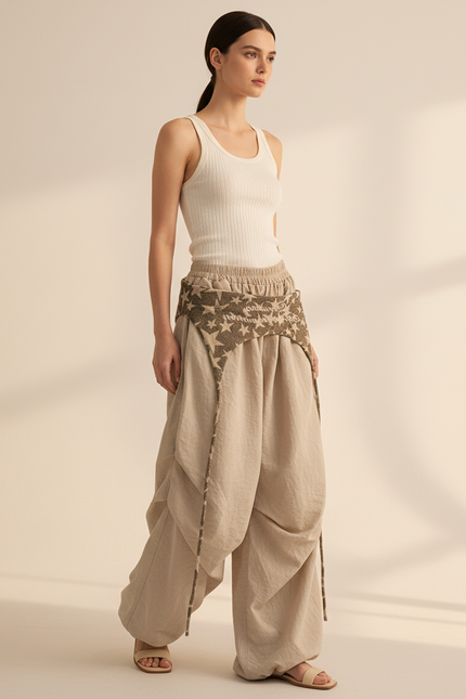 Pantalon Baggy Beige Lin Étoiles Fluide Femme