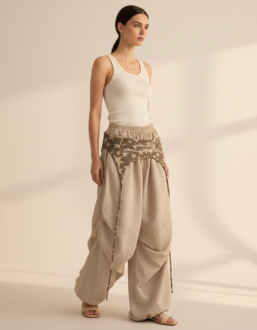 Pantalon Baggy Beige Lin Étoiles Fluide Femme