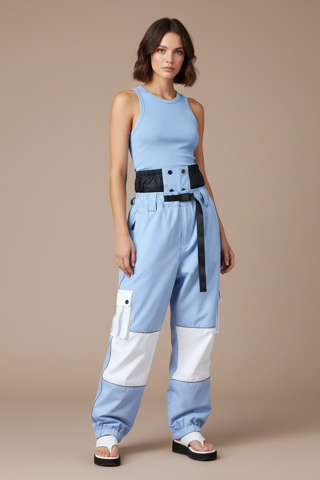 Pantalon Baggy Bleu Imperméable Bicolore Cargo Femme - Polyester