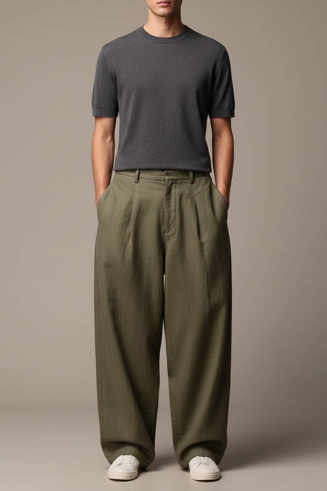 Pantalon Baggy Vert Olive Plissé Ample Décontracté Homme - Kaki Lin