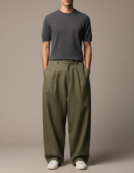Pantalon Baggy Vert Olive Plissé Ample Décontracté Homme - Kaki Lin