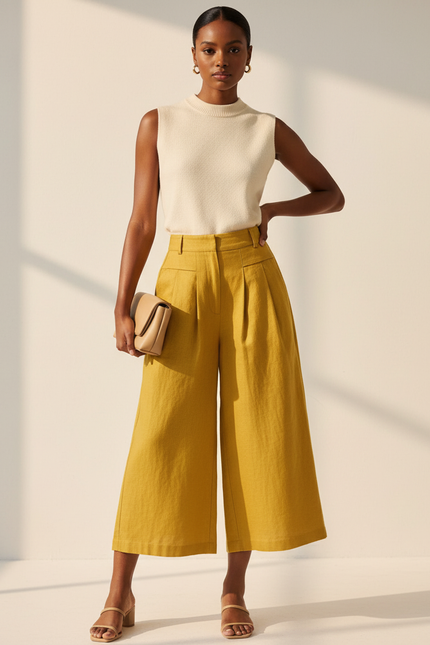 Pantalon Baggy Jaune Moutarde Lin Ample Plissé Décontracté