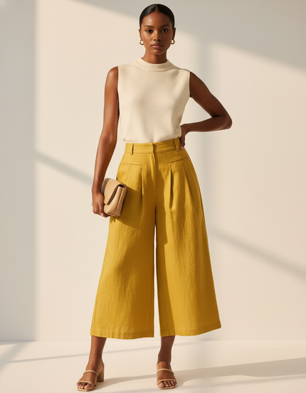 Pantalon Baggy Jaune Moutarde Lin Ample Plissé Décontracté