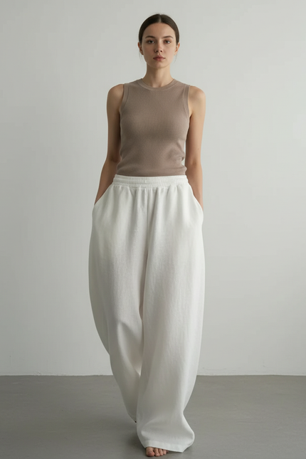 Pantalon Baggy Blanc Ample Lin Décontracté Femme