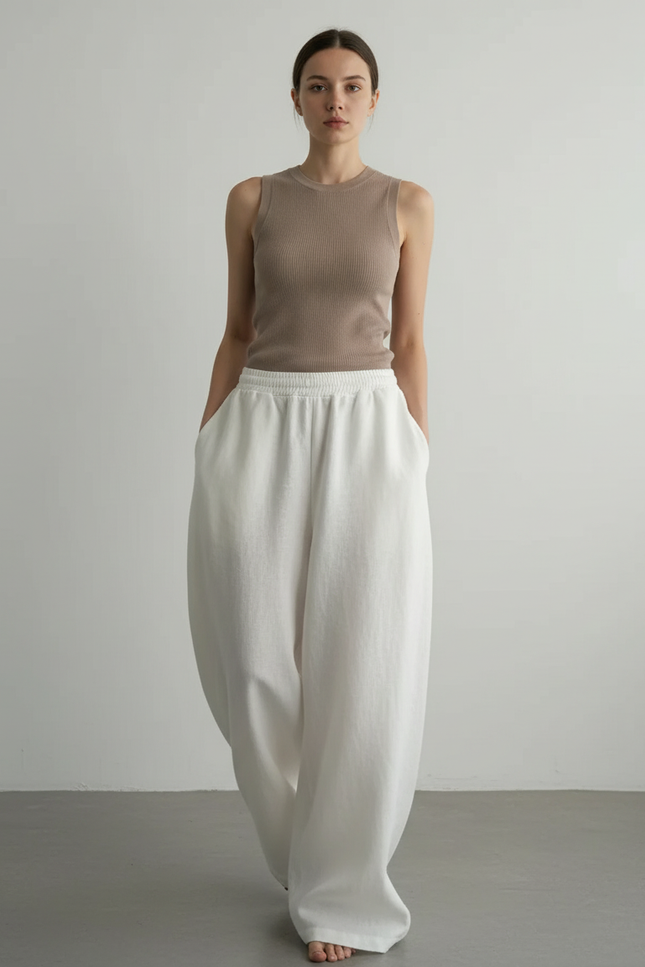 Pantalon Baggy Blanc Ample Lin Décontracté Femme