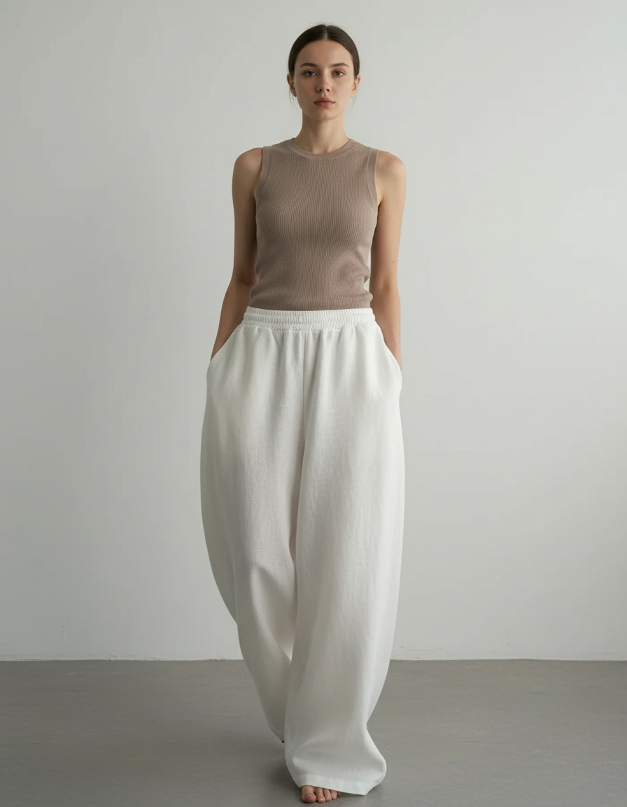 Pantalon Baggy Blanc Ample Lin Décontracté Femme