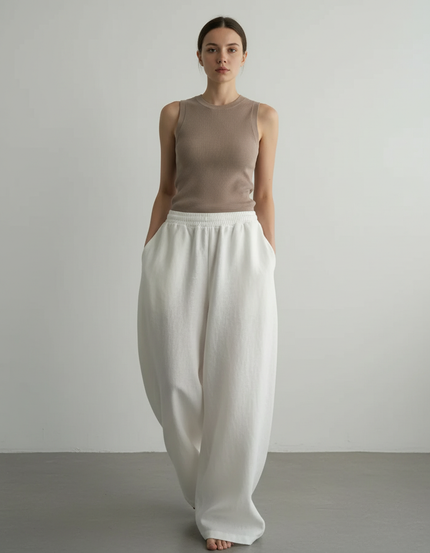 Pantalon Baggy Blanc Ample Lin Décontracté Femme