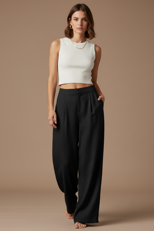 Pantalon Baggy Noir Ample Taille Haute Fluide Décontracté - Lin