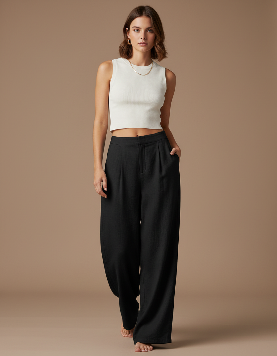 Pantalon Baggy Noir Ample Taille Haute Fluide Décontracté - Lin