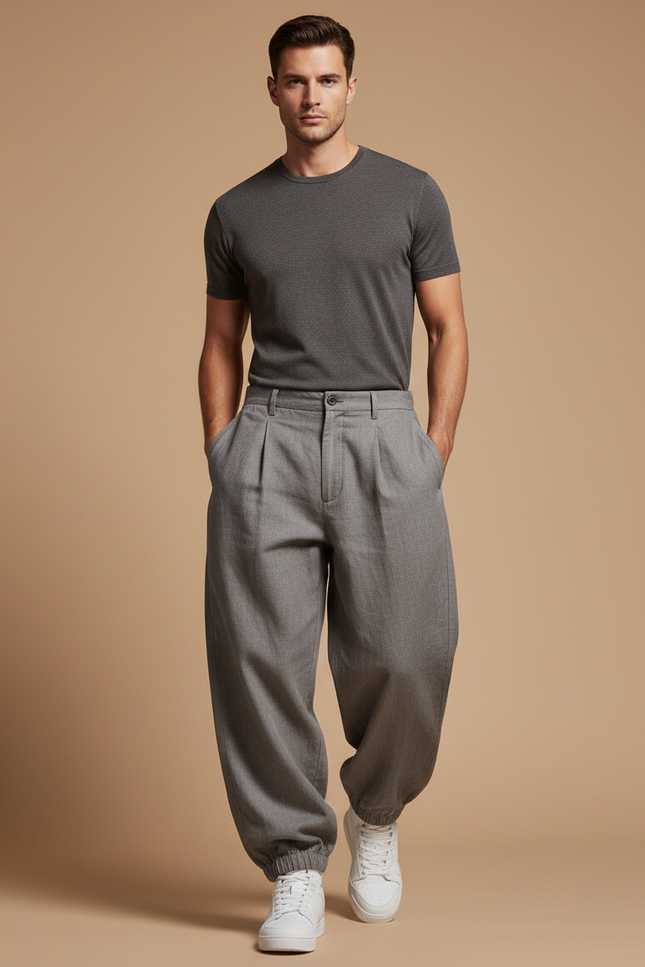 Pantalon Baggy Gris Plissé Ample Chevilles Élastiques Décontracté Homme - Gabardine