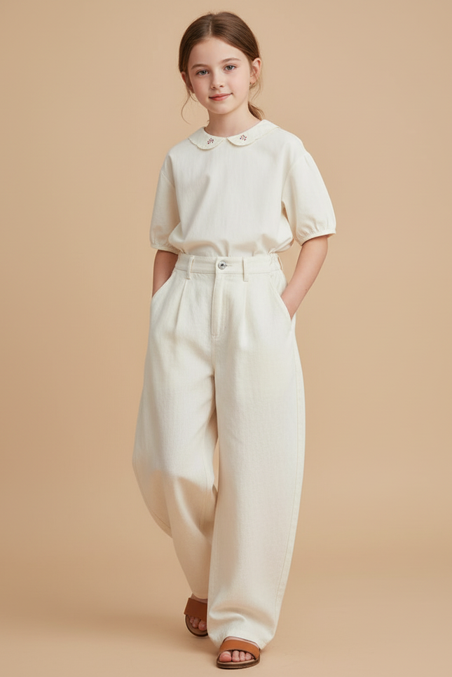 Pantalon Baggy Crème Ample Taille Haute Fille - Beige Jean