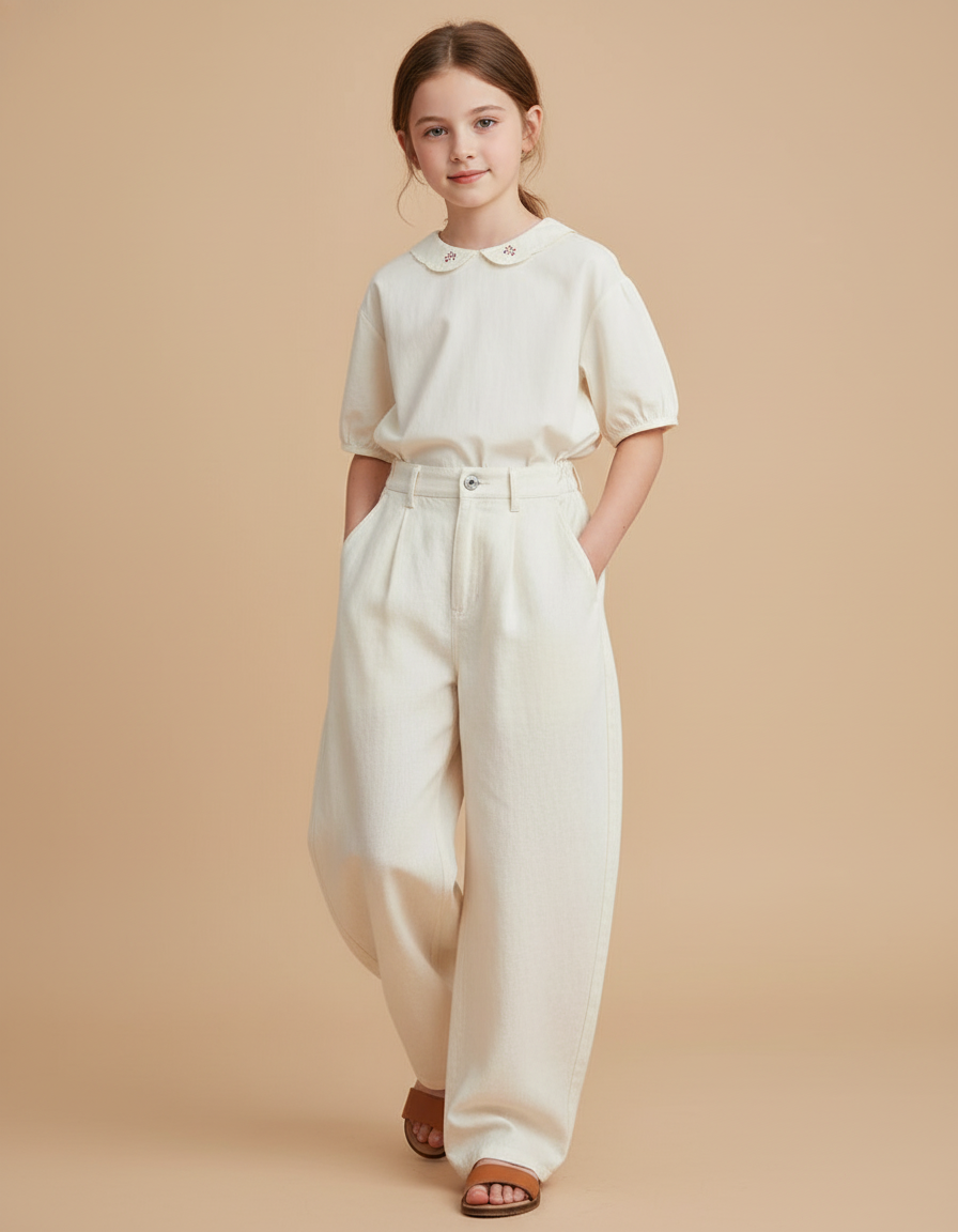 Pantalon Baggy Crème Ample Taille Haute Fille - Beige Jean