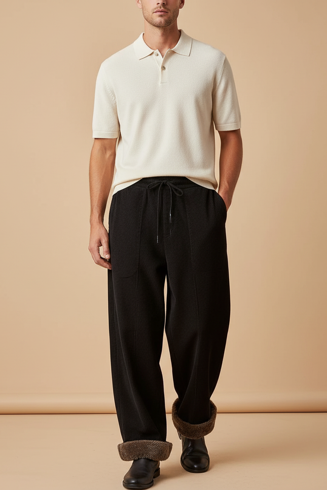 Pantalon Baggy Noir Côtelé Ample Doublé Hiver - Cordé