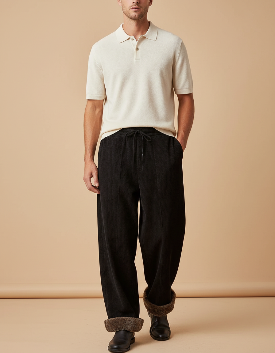 Pantalon Baggy Noir Côtelé Ample Doublé Hiver - Cordé