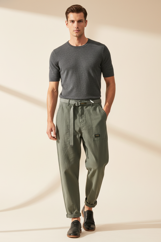 Pantalon Baggy Vert Olive Coton Ample Décontracté Homme - Kaki