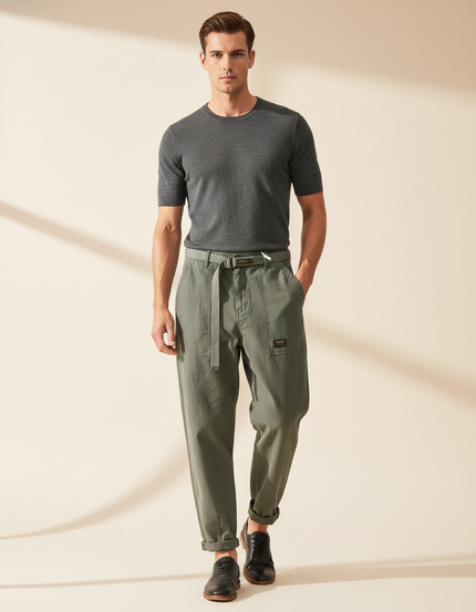 Pantalon Baggy Vert Olive Coton Ample Décontracté Homme - Kaki
