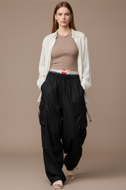 Pantalon Baggy Noir Cargo Ample Femme Streetwear - Polyester