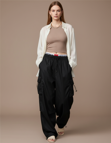 Pantalon Baggy Noir Cargo Ample Femme Streetwear - Polyester