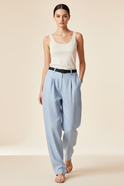 Pantalon Baggy Bleu Ciel Lin Ample Fluide