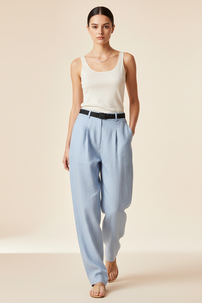 Pantalon Baggy Bleu Ciel Lin Ample Fluide