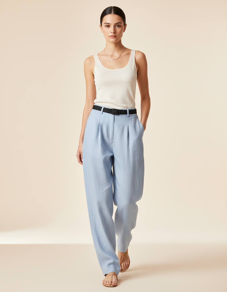 Pantalon Baggy Bleu Ciel Lin Ample Fluide