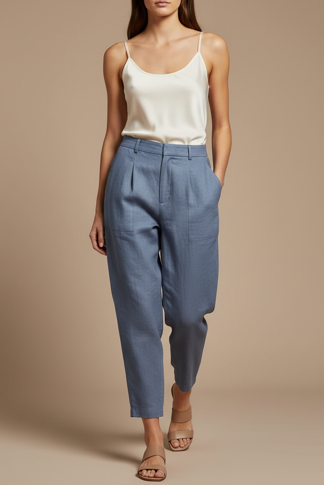 Pantalon Baggy Bleu Fluide Plissé Lin Femme