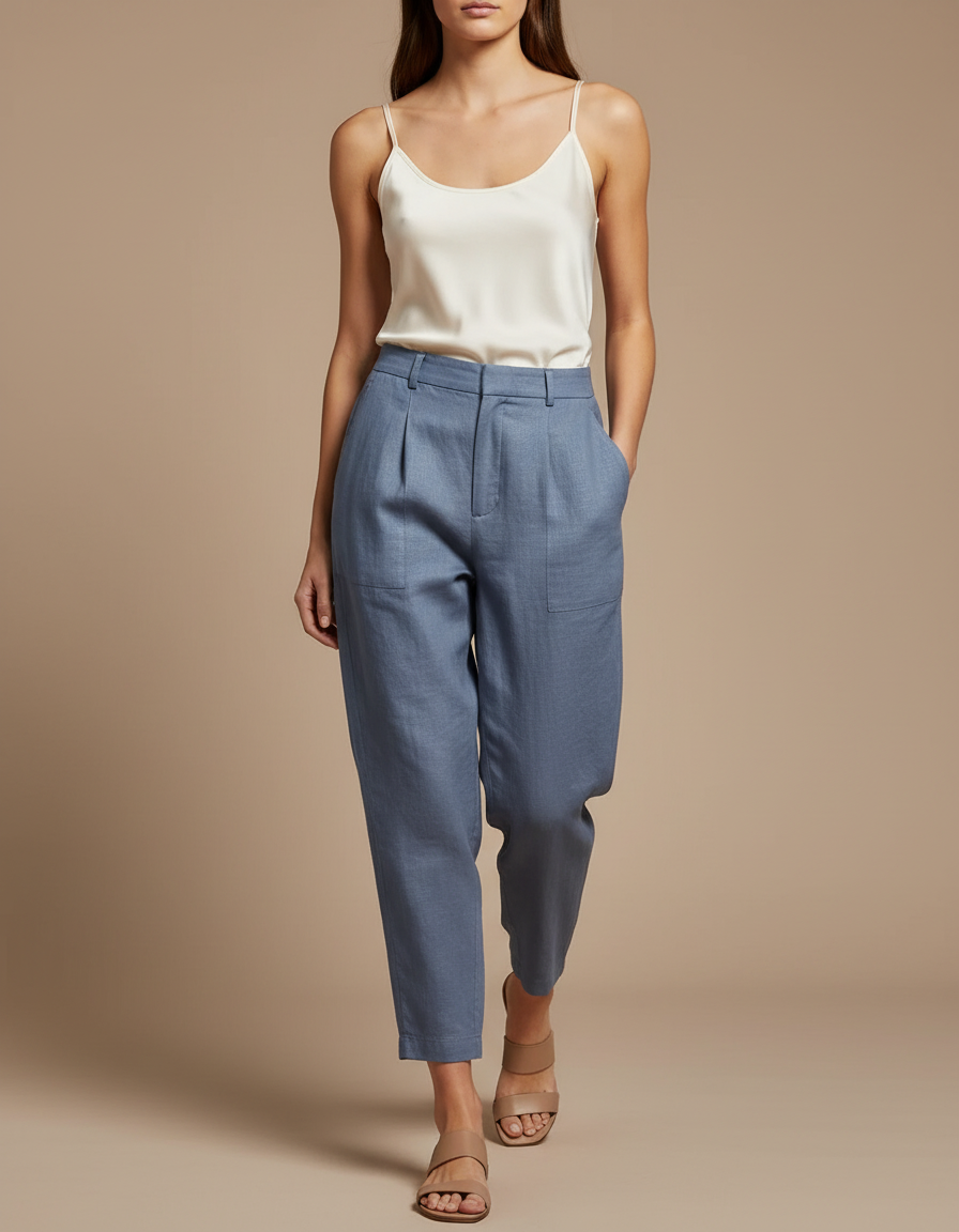 Pantalon Baggy Bleu Fluide Plissé Lin Femme