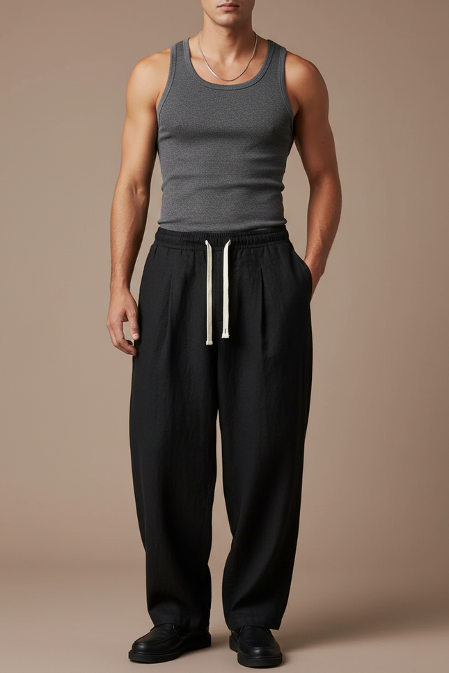 Pantalon Baggy Noir Ample Lin Cordon Homme
