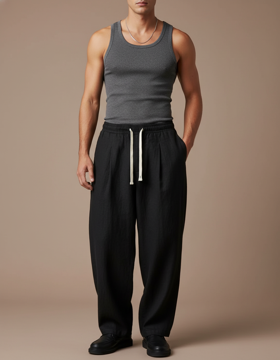 Pantalon Baggy Noir Ample Lin Cordon Homme