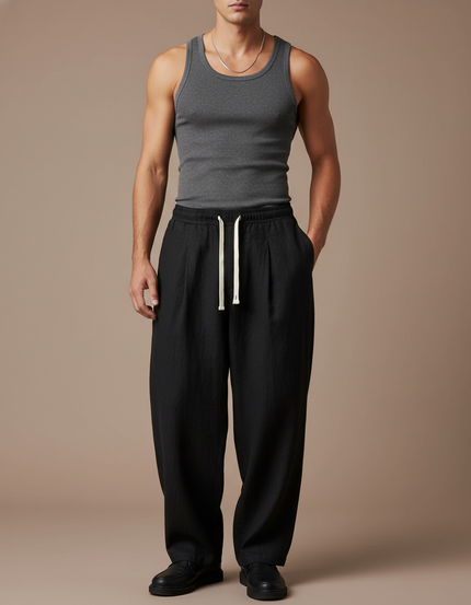 Pantalon Baggy Noir Ample Lin Cordon Homme