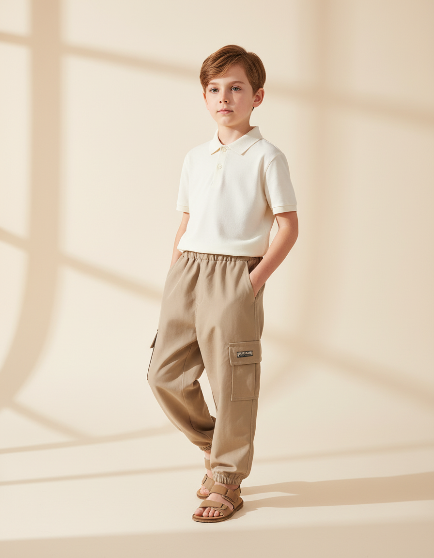 Pantalon Baggy Cargo Beige Décontracté Enfant Coton